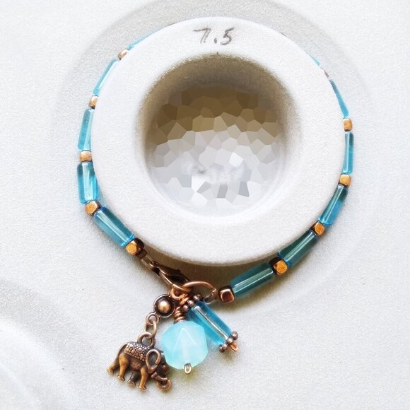 Slim Aqua & Copper Glass Rods Bracelet - 7-7.5" Wrists - for Elephant Lovers! - Picture 6 of 7